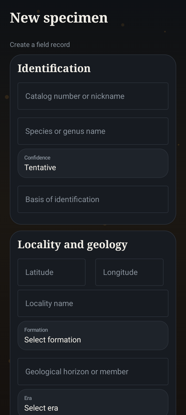 Trilobite Field specimen entry screen
