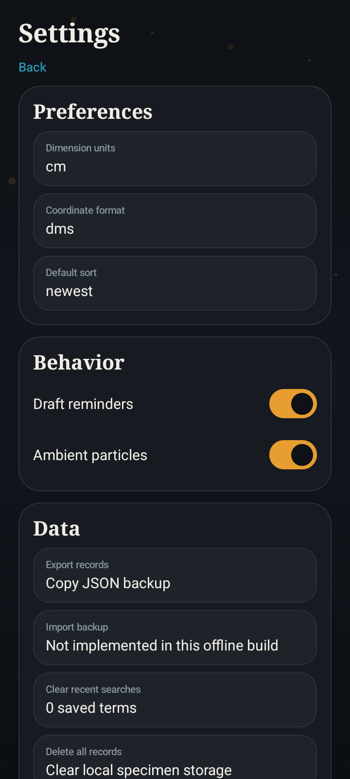 Trilobite Field settings screen